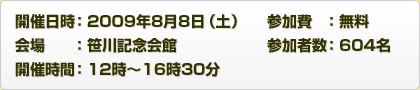 開催日時：2009年8月8日（土）｜会場：笹川記念会館｜開催時間：12時〜16時30分｜参加費：無料｜参加者数：604名