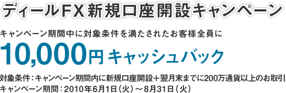 ディールFX新規口座開設キャンペーン｜キャンペーン期間中に対象条件を満たされたお客様全員に10,000円キャッシュバック｜対象条件：キャンペーン期間内に新規口座開設＋翌月末までに200万通貨以上のお取引｜キャンペーン期間：2010年6月1日（火）～8月31日（火）