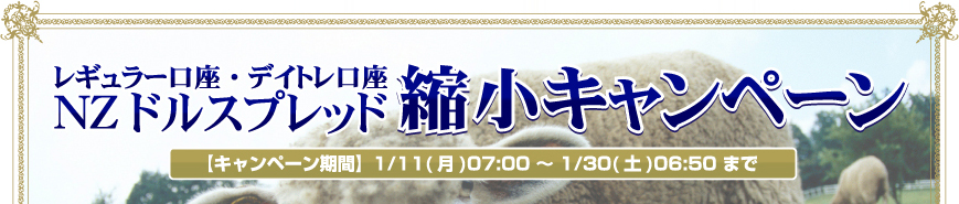レギュラー口座・デイトレ口座 NZドルスプレッド縮小キャンペーン 【キャンペーン期間】1/11(月)07:00 ~ 1/30(土)06:50まで