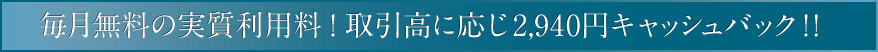 毎月無料の実質利用料！取引高に応じ2,940円キャッシュバック！！