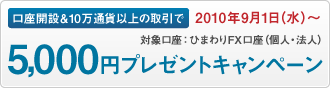 新規口座開設で5,000円プレゼントキャンペーン｜対象口座：ひまわりFX口座（個人・法人）｜2010年9月1日（水）～
