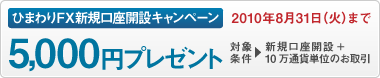 ひまわりFX新規口座開設キャンペーン　5,000円プレゼント｜対象条件：新規口座開設＋10万通貨単位のお取引｜2010年8月31日（火）まで
