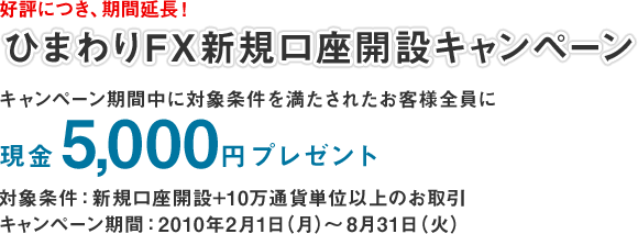 好評につき、期間延長!ひまわりFX新規口座開設キャンペーン|キャンペーン期間中に対象条件を満たされたお客様全員に現金5,000円プレゼント|対象条件:新規口座開設+10万通貨単位以上のお取引|キャンペーン期間:2010年2月1日(月)~8月31日(火)
