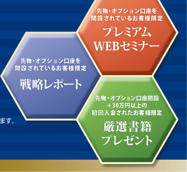 先物・オプション口座を開設されているお客様限定：プレミアムWEBセミナー　先物・オプション口座を開設されているお客様限定：戦略レポート　先物・オプション口座開設＋30万円以上の初回入金されたお客様限定：厳選書籍プレゼント