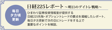 毎日夕方頃更新　日経225レポート～明日のデイトレ戦略～　ひまわり証券投資情報室が提供する日経225先物・オプショントレードの要点を凝縮したレポート。毎日夕方更新で次の日にトレードをする上で重要なポイントを解説。
