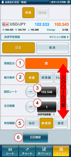 【スマホアプリ】ひまわりFX for Android注文訂正画面
