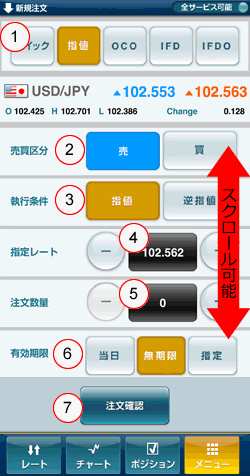 【スマホアプリ】ひまわりFX for Android指値注文画面
