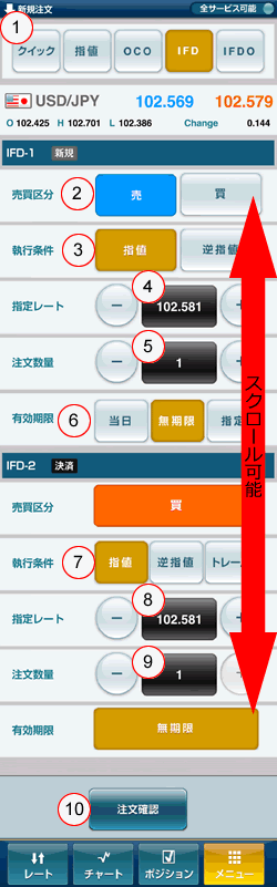 【スマホアプリ】ひまわりFX for Android IFD注文画面
