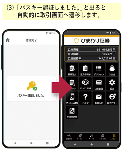 「パスキー認証しました。」と出ると、自動的に取引画面へ移動し、ログインが完了します